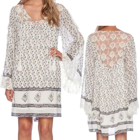 Free People Dress Womens XS Beige Nomad Child Lace Bell Sleeve Floral Bohemian - Picture 4 of 13
